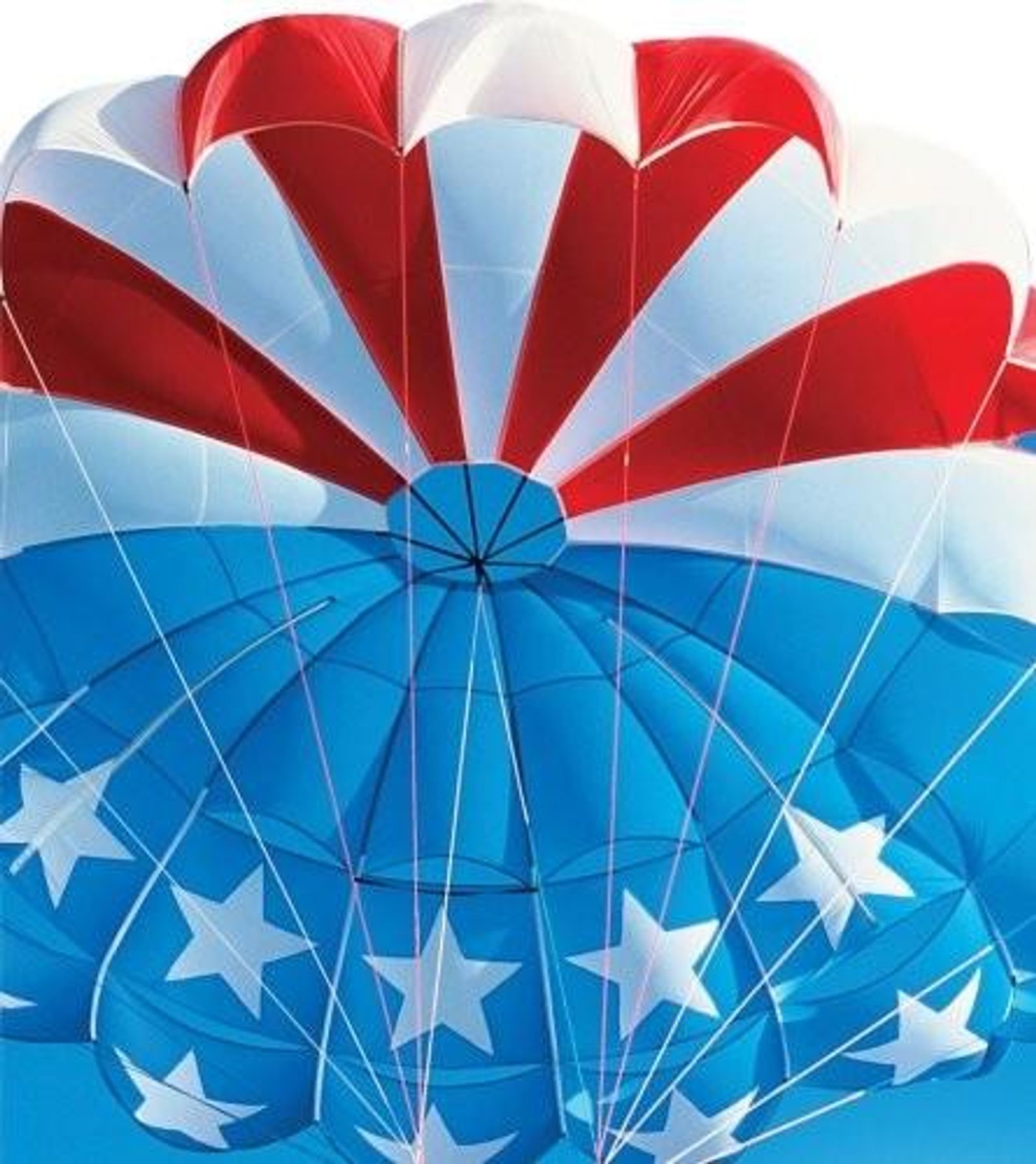 A yellow and red parasail canopy against a clear blue sky above the water off Honolulu
